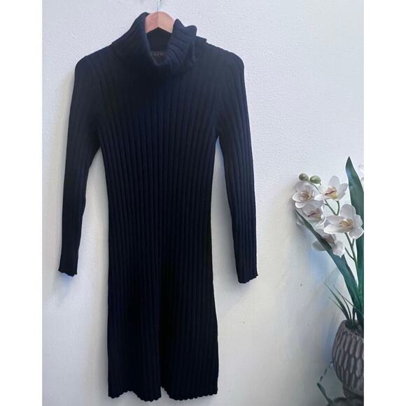 Ralph Lauren Turtleneck 100% Lambswool Black Ribbed Sweater Midi Dress Sz Large - Picture 1 of 6